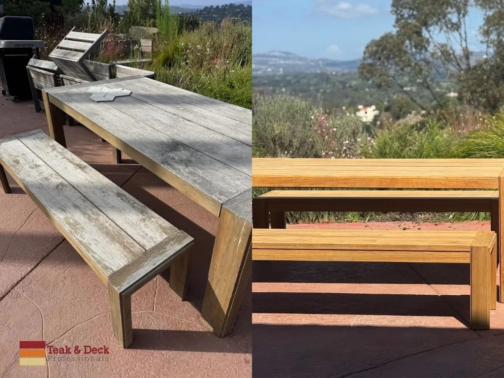 Teak bench restoration before and after