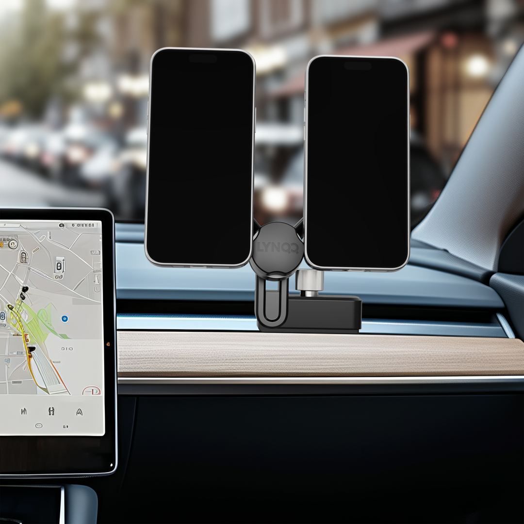 A close-up image of a hand adjusting a smartphone securely held in a content creator phone mount, with various adjustment points visible. - content creator phone mount