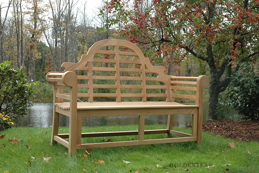 A classic Lutyens-style Goldenteak bench - outdoor wood benches