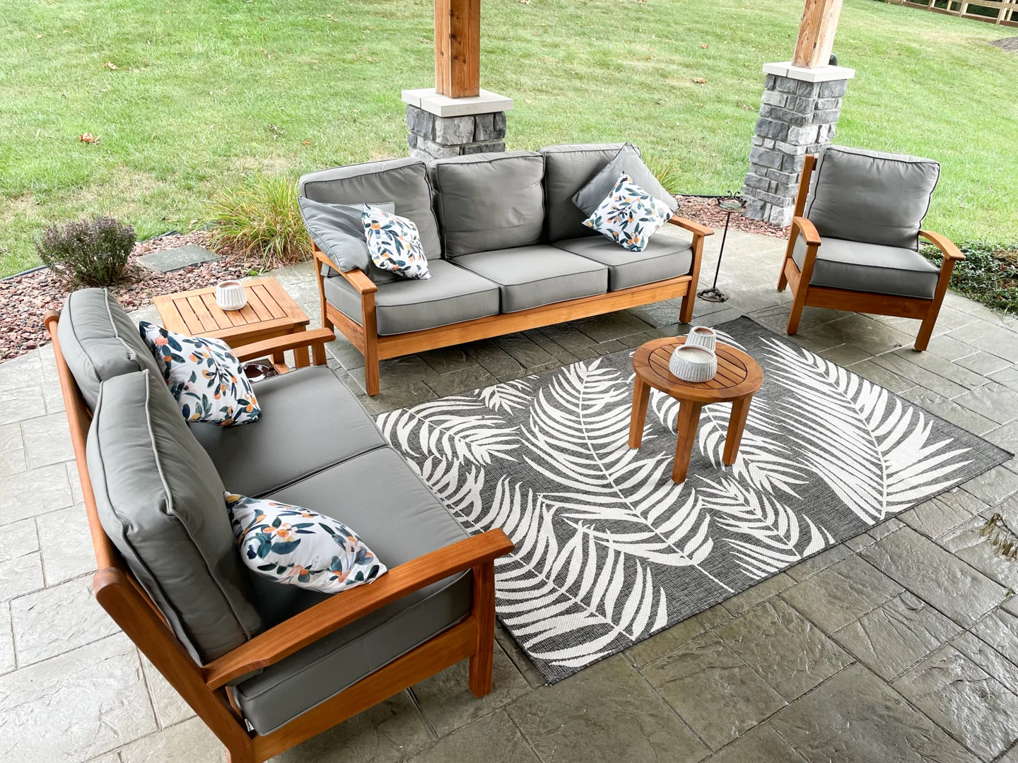 Beautiful teak deep seating sectional with plush outdoor cushions arranged on a Massachusetts patio - Buy teak garden furniture Beautiful teak deep seating sectional with plush outdoor cushions arranged on a Massachusetts patio - Buy teak garden furniture