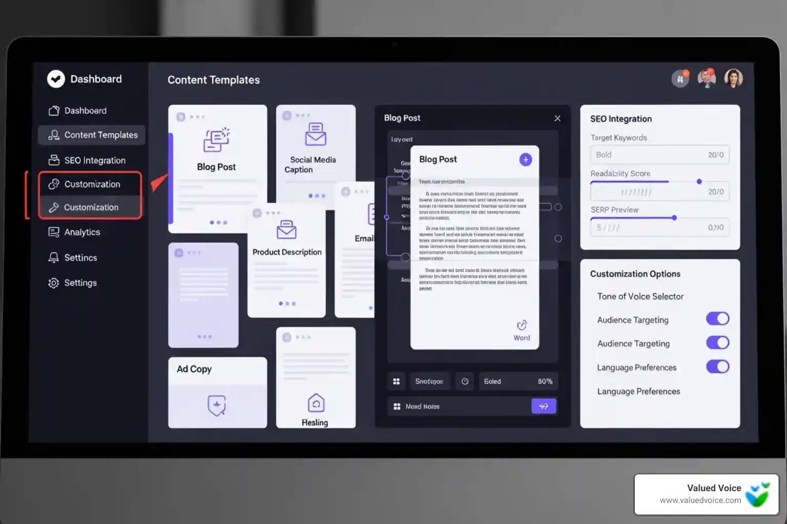 AI writing tool dashboard displaying various features like content templates, SEO integration, and customization options - AI writing tools for bloggers