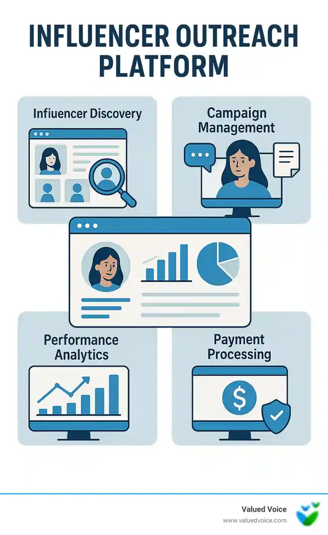 Comprehensive breakdown of influencer outreach platform features including findy tools, campaign management capabilities, analytics dashboards, and payment processing systems with performance metrics and ROI tracking - influencer outreach platform infographic