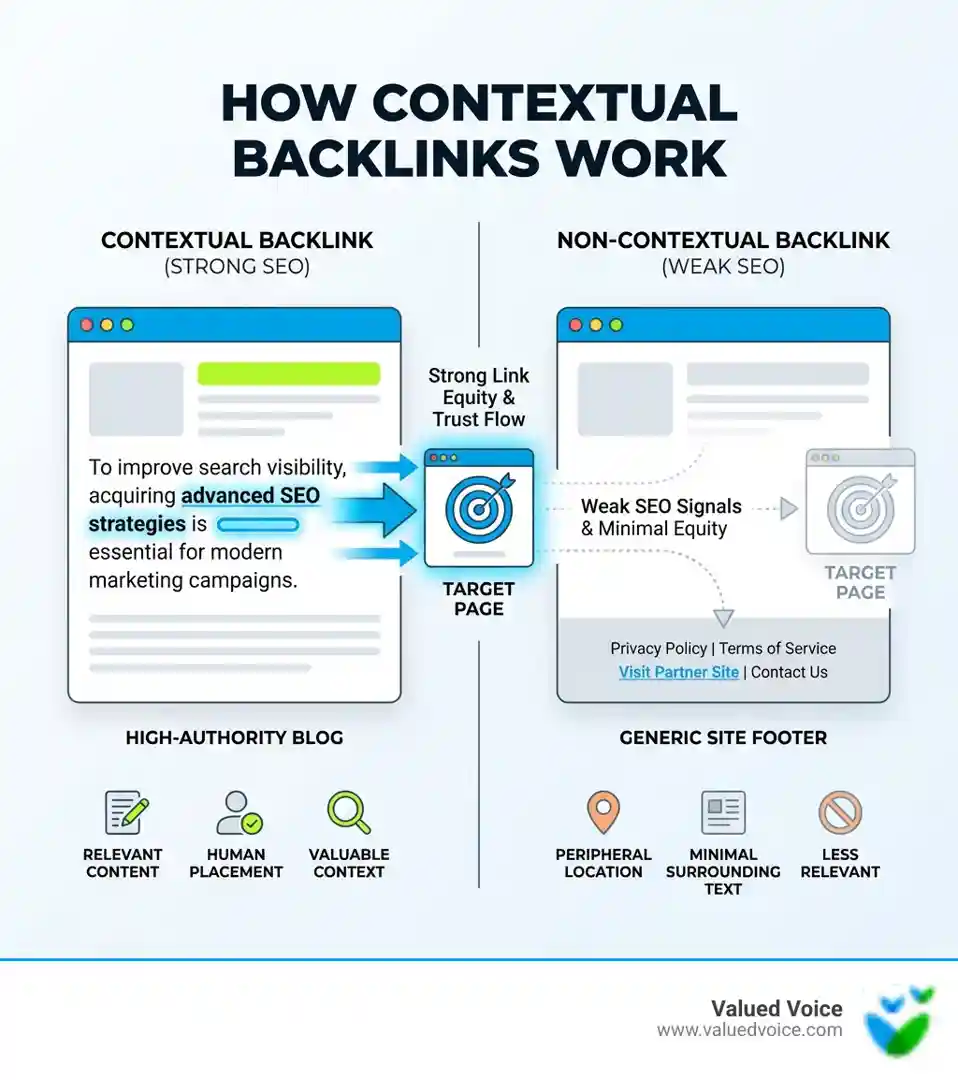 Infographic showing how contextual backlinks work: A diagram illustrating a contextual link embedded within a paragraph of relevant text on a high-authority blog, with arrows showing how link equity flows from the source page to the target page, compared to a non-contextual link in a footer with minimal surrounding text and weaker SEO signals - Contextual backlinks infographic 