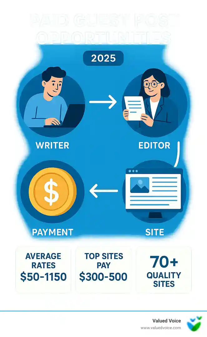 Infographic showing the paid guest post ecosystem with writer creating content, editor reviewing submissions, site publishing article, and payment flowing back to writer, along with key metrics like average rates $50-150, top sites paying $300-500, and 70+ quality sites accepting paid posts - paid guest post opportunities infographic 