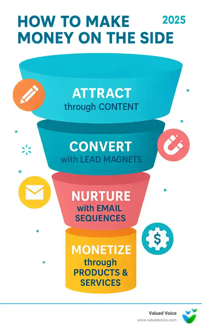 Marketing funnel showing how side hustlers attract customers through content, convert them with lead magnets, nurture with email sequences, and monetize through products and services - how to make money on the side infographic 