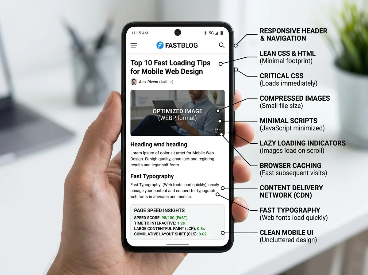 diagram of a mobile-optimized blog layout with fast loading elements - blog post advertising
