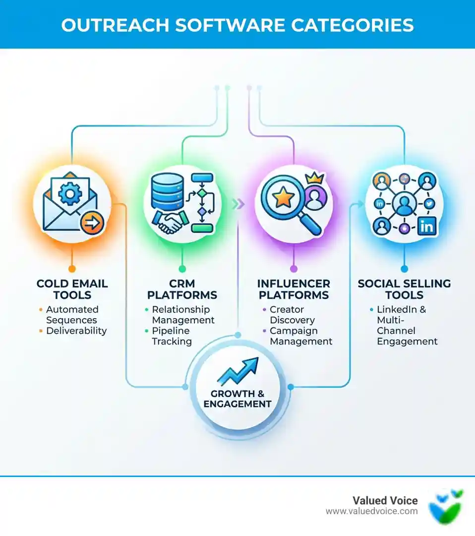 Infographic showing outreach software categories: cold email tools for automated sequences and deliverability, CRM platforms for relationship management and pipeline tracking, influencer platforms for creator discovery and campaign management, and social selling tools for LinkedIn and multi-channel engagement - outreach software infographic 