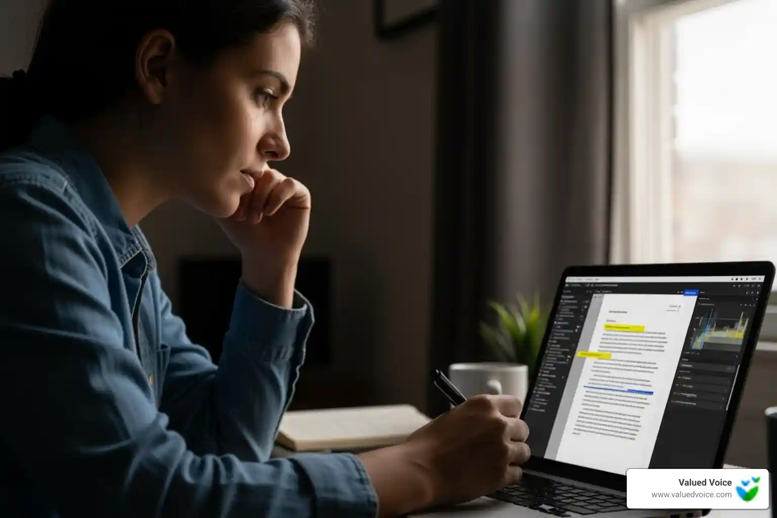 Person carefully editing AI-generated text on a laptop, highlighting the need for human oversight - AI writing tools for bloggers