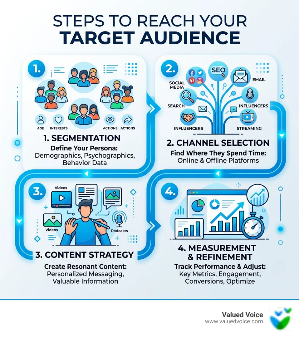 Steps to reach your target audience including segmentation, channel selection, content, and measurement - Reach target