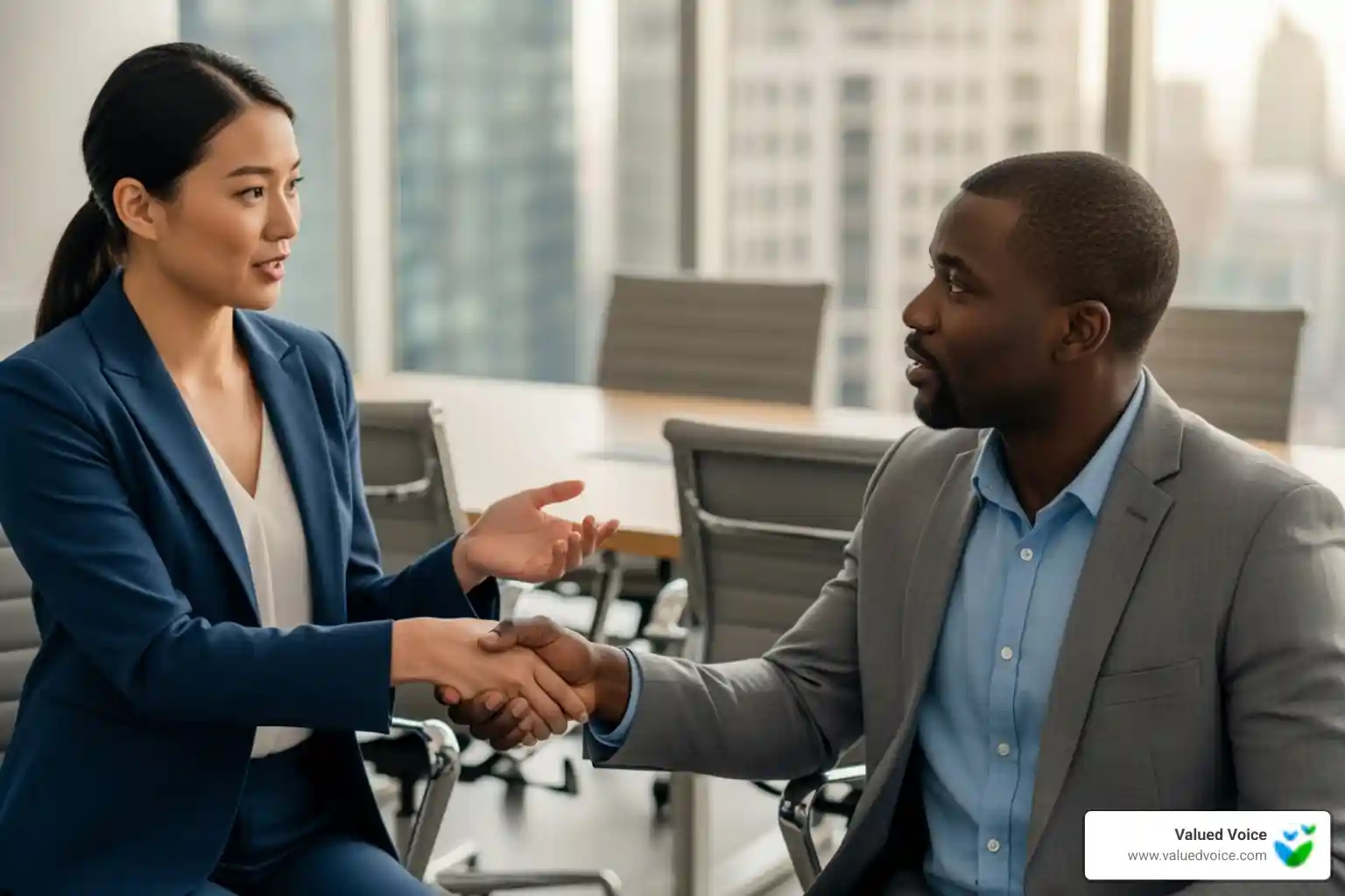 White label guest post partnership: two marketing professionals finalize collaboration with Valued Voice in modern boardroom