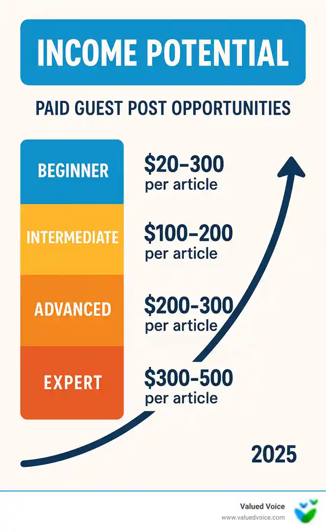 income potential infographic showing different earning tiers from beginner $50-100 per article to expert $300-500 per article - paid guest post opportunities infographic 