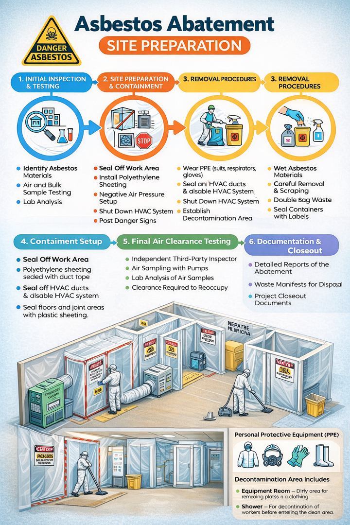 Detailed infographic showing the complete asbestos abatement process flow from initial inspection and testing, through site preparation including containment setup and HVAC shutdown, to removal procedures, post-abatement cleaning with HEPA vacuums, final air clearance testing by third-party inspectors, and documentation requirements - Asbestos Abatement Site Preparation infographic 