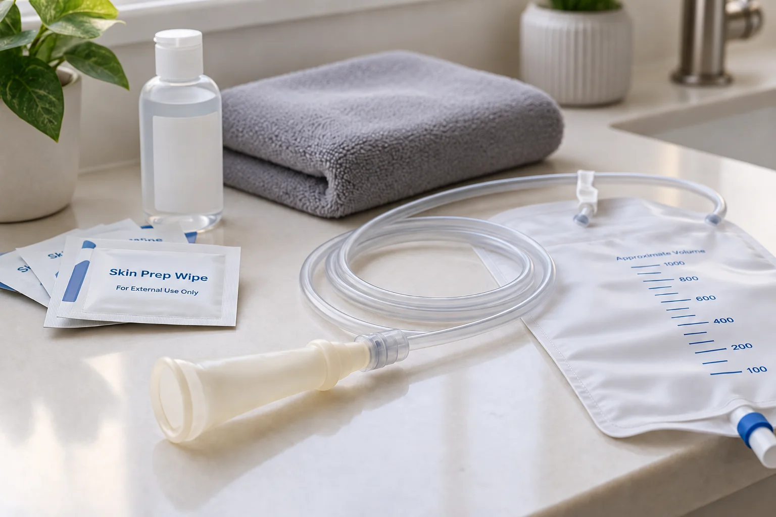 Catheter care kit with supplies for installing external catheters for men.