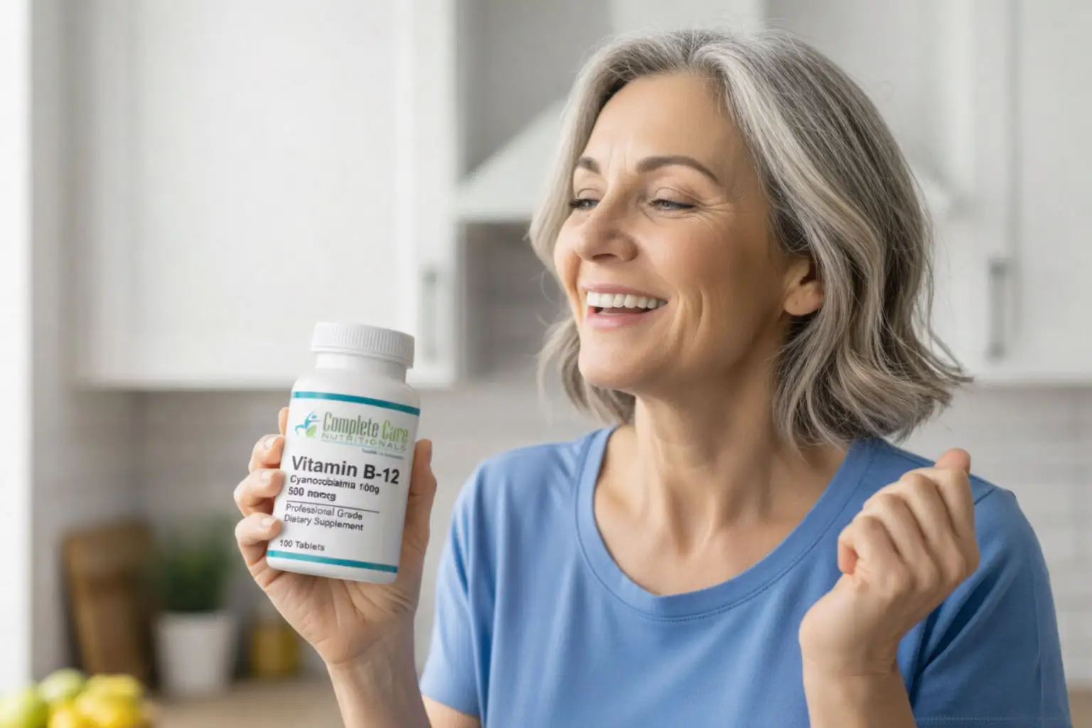 person feeling energized and smiling after taking vitamins - b complex pills
