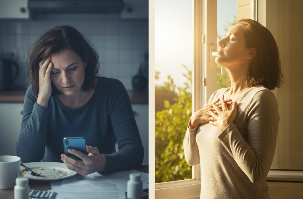 person looking stressed or tired, contrasted with an image of them taking a deep breath - The Caregiver's Wellness Checklist: Don't Forget Yourself, Tips for those caring for a parent, partner, or child. person looking stressed or tired, contrasted with an image of them taking a deep breath - The Caregiver's Wellness Checklist: Don't Forget Yourself, Tips for those caring for a parent, partner, or child.
