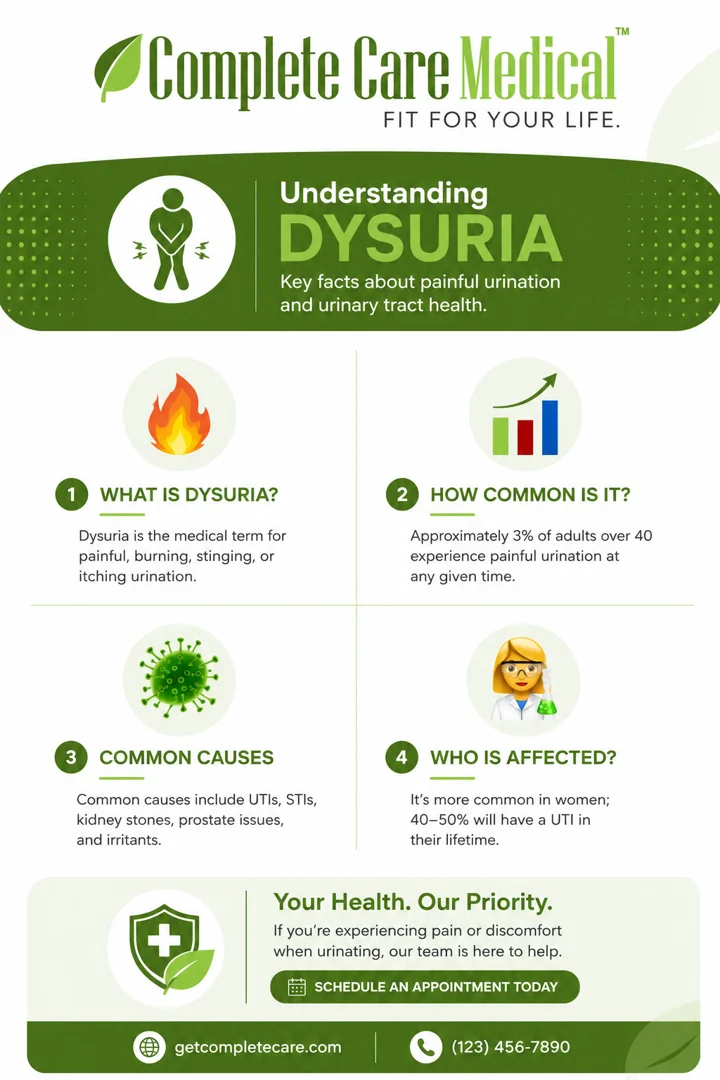 Infographic showing the urinary system anatomy including kidneys, bladder, ureters, and urethra, with labeled common pain points and causes of dysuria such as kidney stones, bladder infections, and urethral inflammation - Painful burning urination infographic 4_facts_emoji_blue