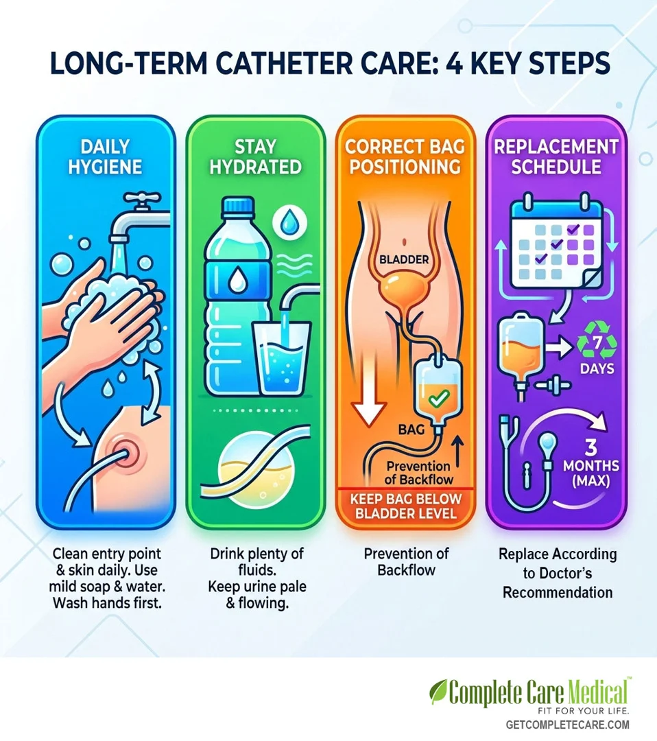 Infographic showing key long term catheter care steps: daily hygiene, hydration, bag positioning, and replacement schedule