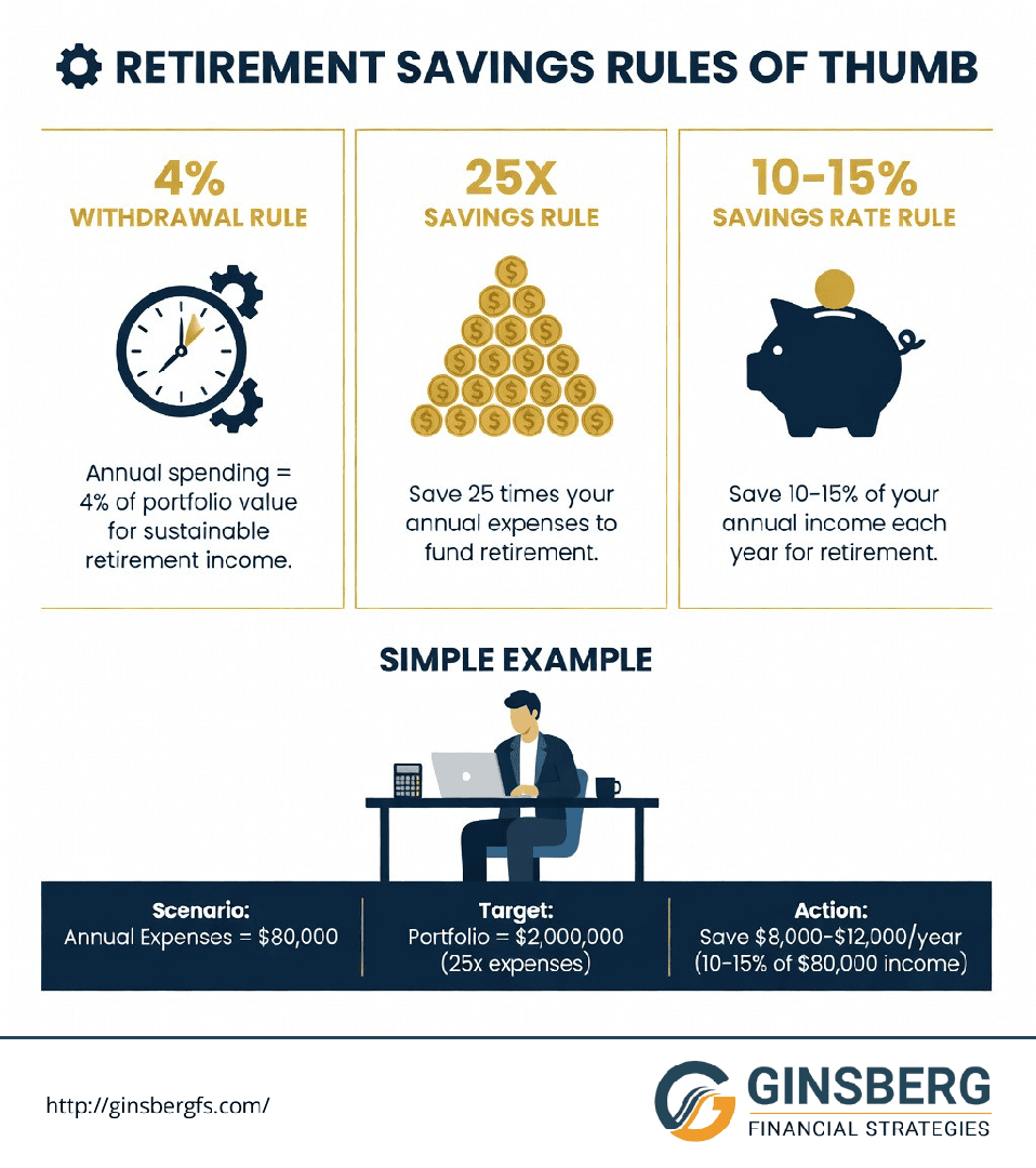 Infographic comparing retirement savings rules of thumb: annual spending equals 4% of portfolio, save 25 times annual expenses, and save 10-15% of income each year