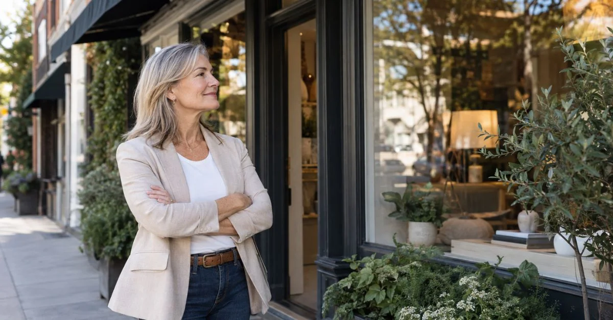 user-inserted Small business owner looking at storefront, representing the best way to save for retirement self-employed.