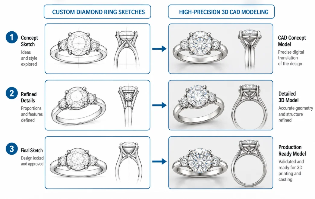 custom diamond ring sketches alongside high-precision 3D CAD modeling renderings custom diamond ring sketches alongside high-precision 3D CAD modeling renderings