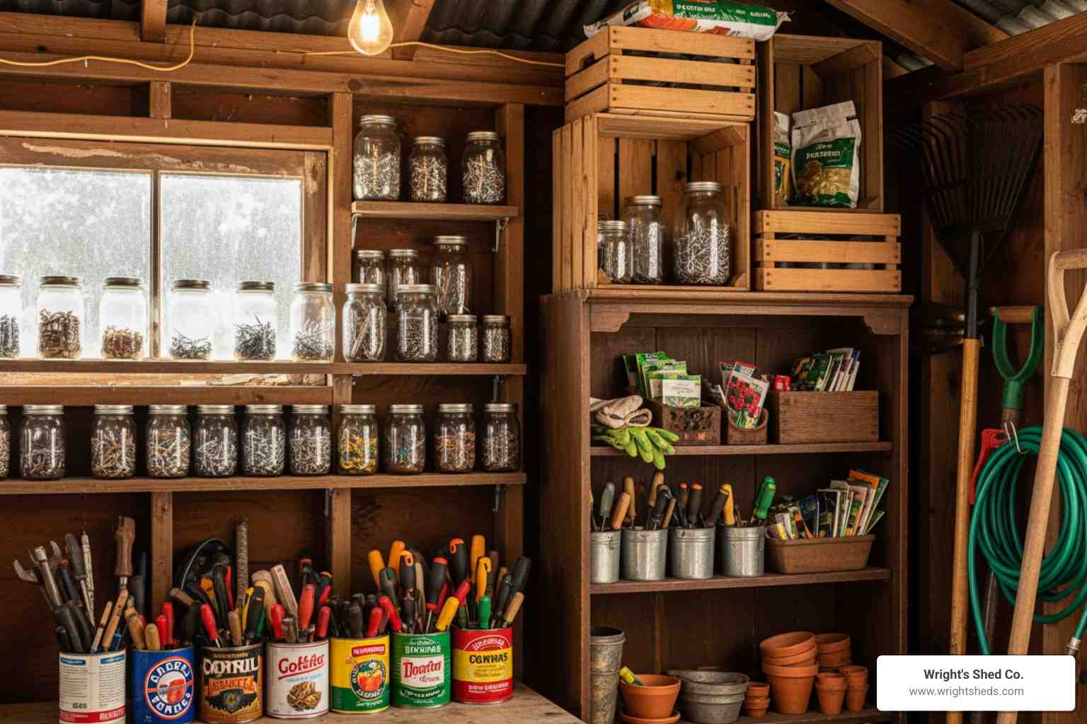 Budget-Friendly Shed Storage With Shelves and Jars Organized garden shed with shelves, jars, crates, and hand tools showing shed storage ideas on a budget using simple DIY organization.