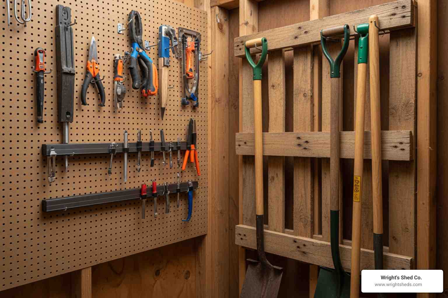 Budget-Friendly Shed Tool Storage Ideas Pegboard wall with neatly organized hand tools and garden tools, showing practical shed storage ideas on a budget to save space.