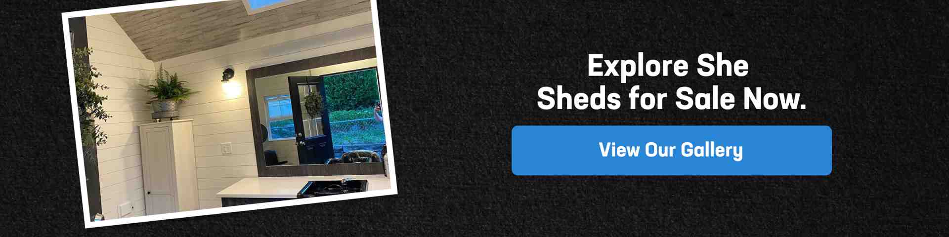 Explore She Sheds for Sale Gallery Finished she shed interior shown with clean white walls and decor, inviting visitors to explore a she shed for sale gallery.