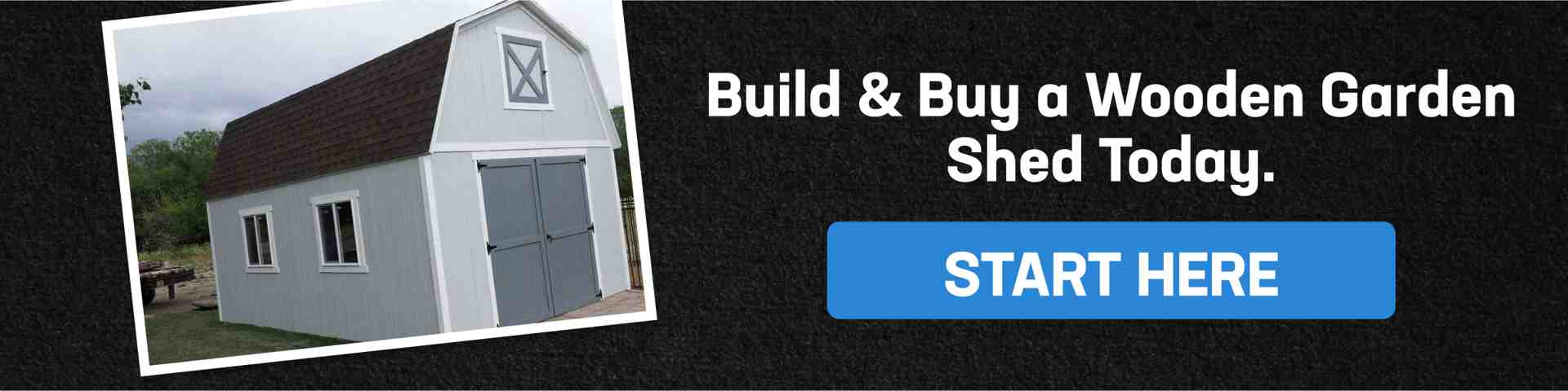 Banner promoting wood sheds near me with image of a garden shed and call-to-action button encouraging users to start building today.