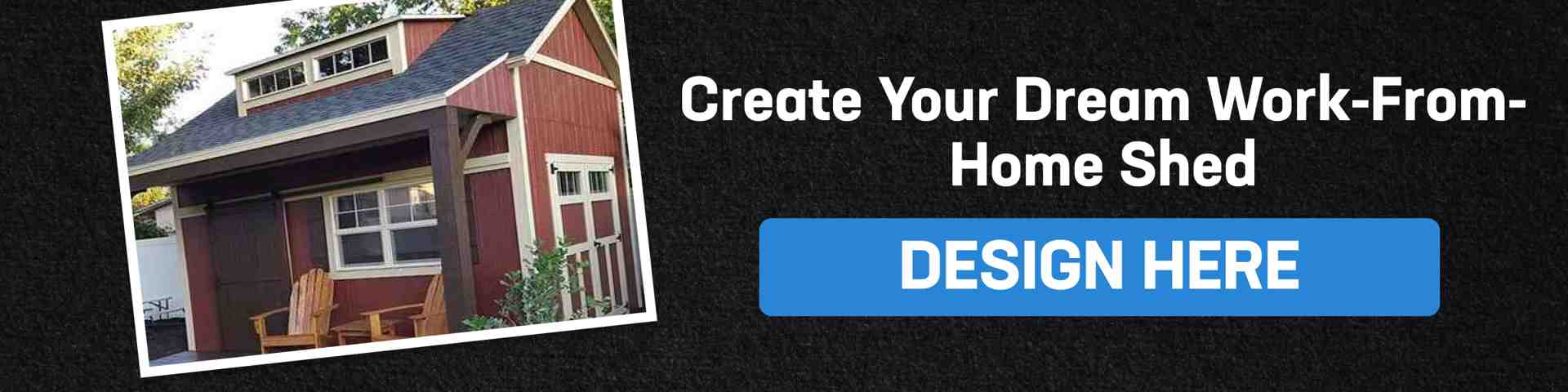 Red work-from-home shed with white trim and CTA button to design your dream backyard office shed.