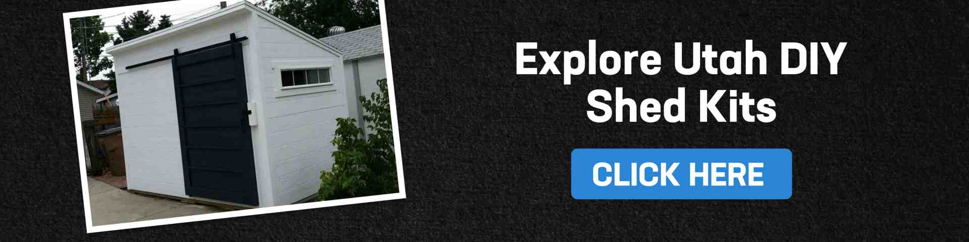 White shed with black sliding door promotes Utah DIY shed kits—click here to explore custom options.