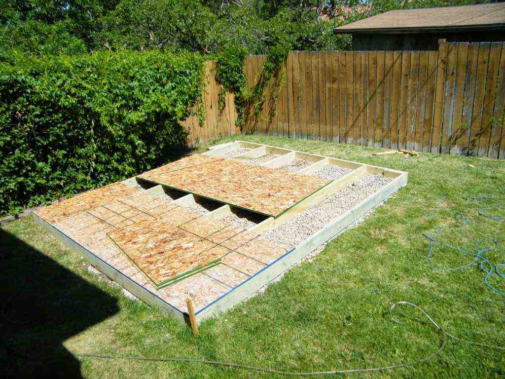 Gravel pad shed foundation under construction with wood framing. Focus: shed foundation.