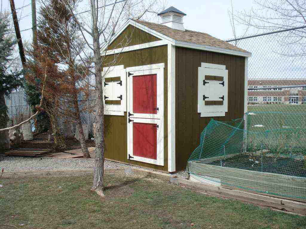 A green and white chicken coop with red doors and shutters, located in a backyard next to a fence.