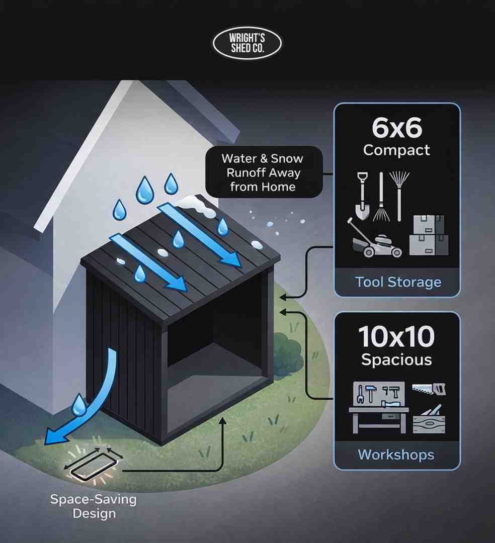 Illustration showing a lean wood shed with space-saving design, roof runoff control, and size options for tool storage or small backyard workshops