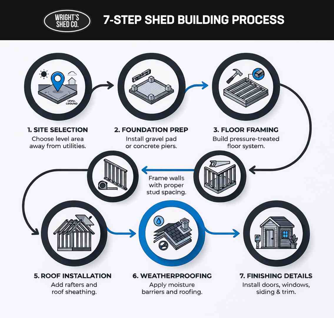 Infographic outlining the 7 step process for building sheds including site selection, foundation prep, framing, roofing, and finishing.