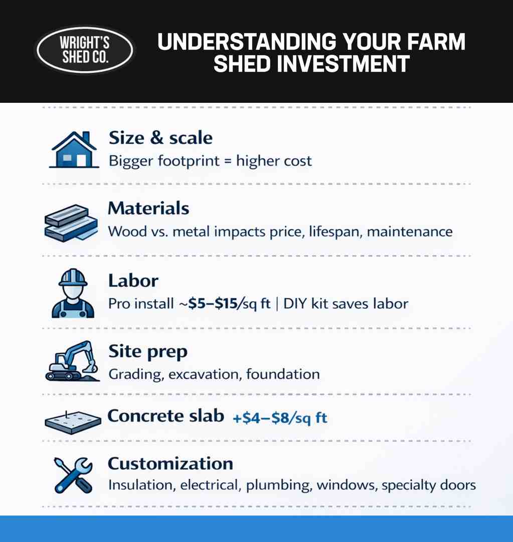 Understanding the Cost of Building a Farm Shed Visual breakdown showing size, materials, labor, site prep, and customization factors that impact the cost of building a farm shed.