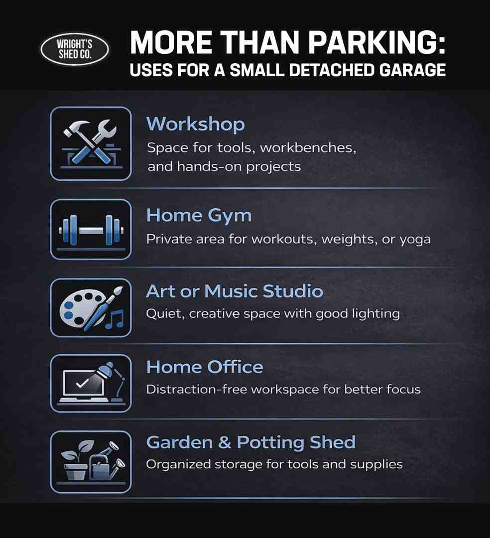Uses for a Small Detached Garage Beyond Parking Infographic showing creative uses for a small detached garage, including workshop, home gym, studio, home office, and organized garden or potting space