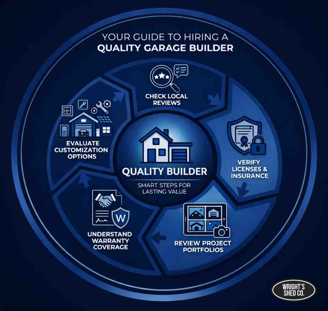 Infographic showing key steps for hiring companies that build garages near me, including reviews, licenses, warranties, and customization options.