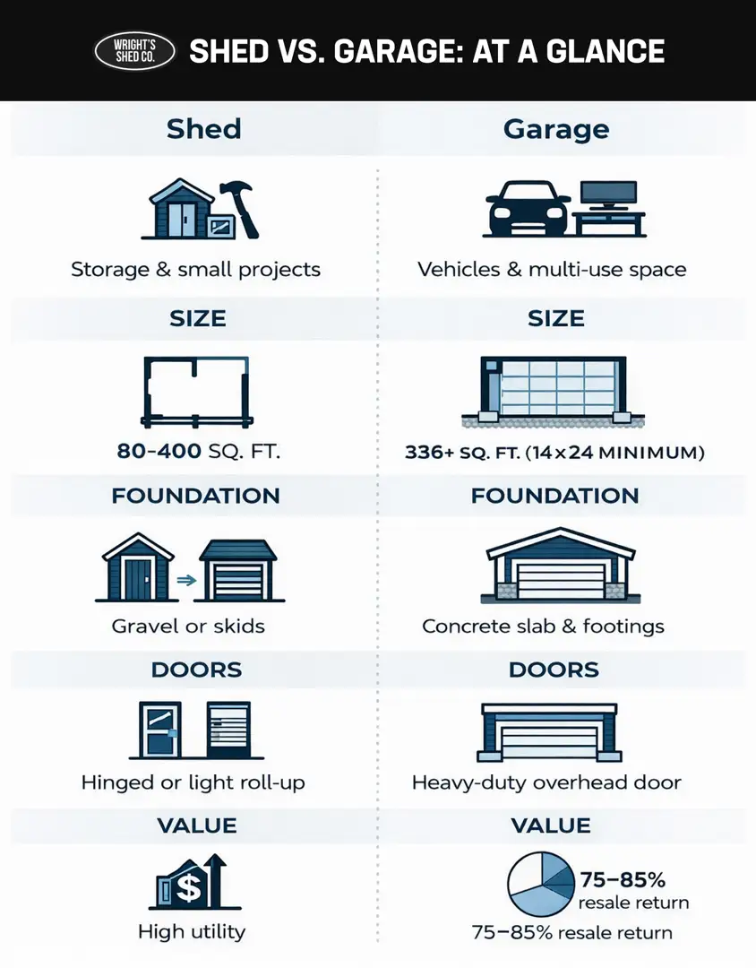 Garage vs Shed: At a Glance Garage vs shed infographic comparing size, foundation, doors, and resale value to help homeowners choose the right backyard structure
