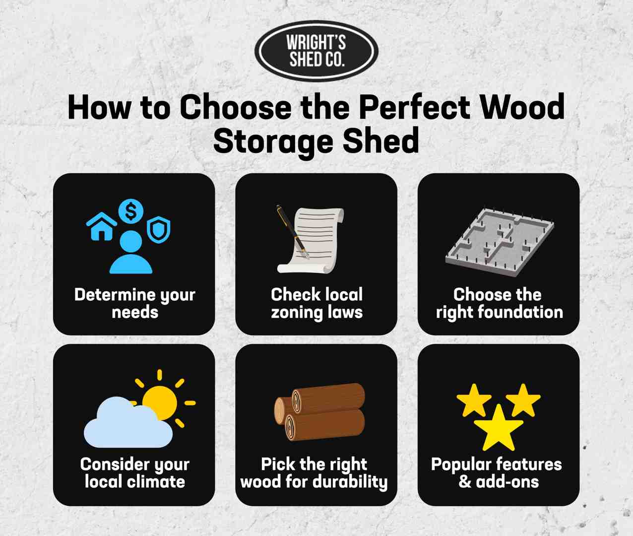 Guide on choosing the perfect wood storage shed: needs, zoning, foundation, climate, wood type, features.