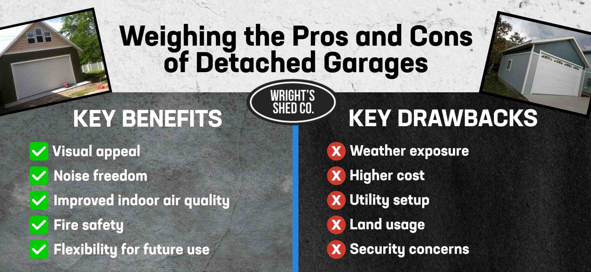 A comparison of the benefits and drawbacks of detached garages by Wright's Shed Co.