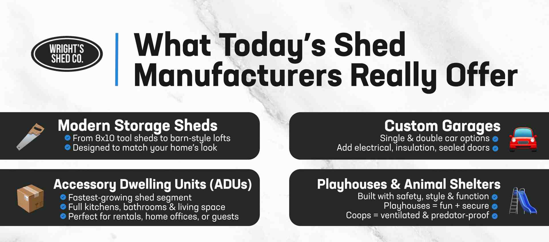 Infographic showing what shed manufacturers offer, including storage sheds, garages, ADUs, and shelters.