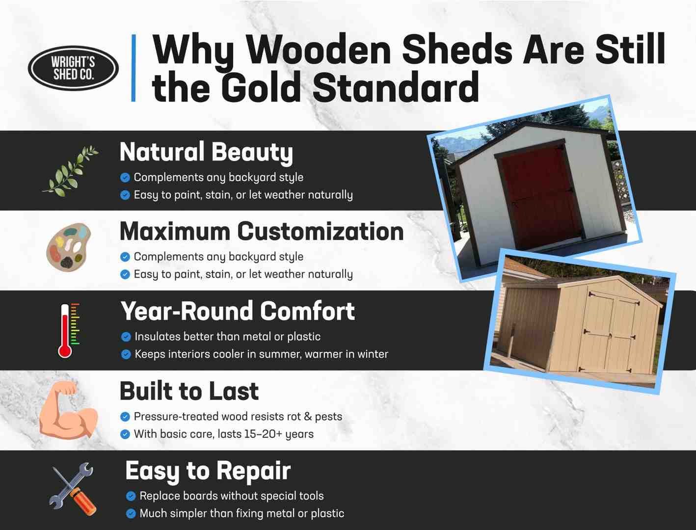 Infographic explaining why wood sheds near me are the best choice, highlighting beauty, durability, comfort, and easy repair benefits.