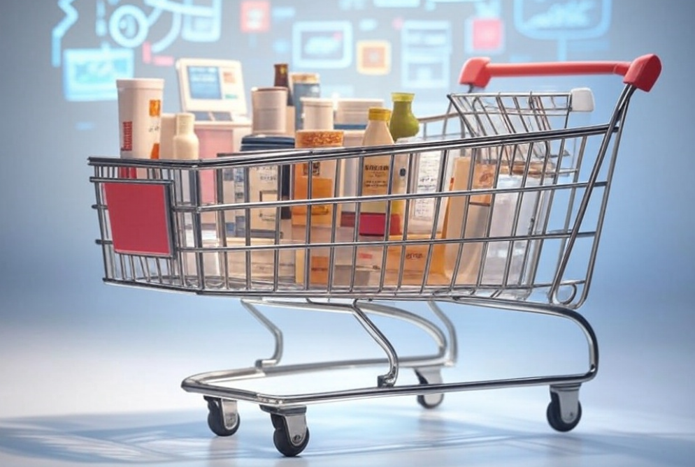 3D illustration of e-commerce with a shopping cart, digital marketing icons, and SEO elements around a globe representing global online shopping - SEO for Shopify stores