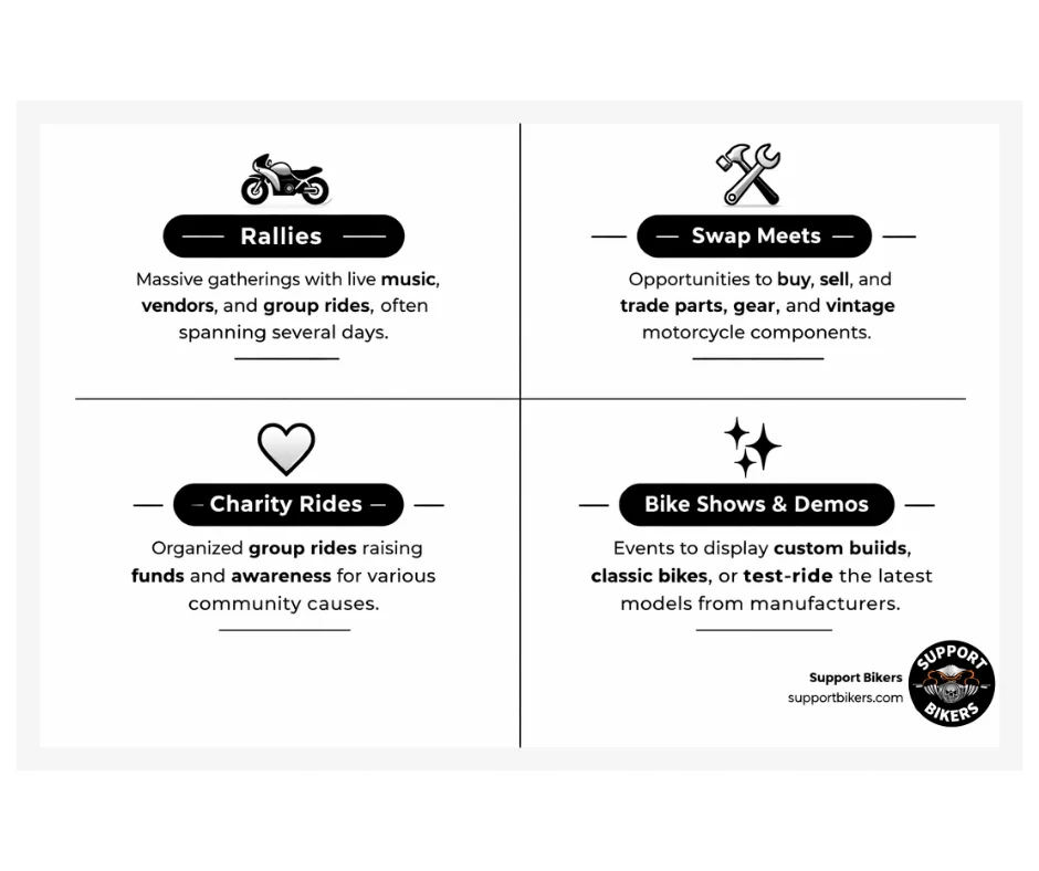 infographic showing five types of motorcycle events: Rallies featuring large gatherings with music and vendors, Bike Shows displaying custom and classic motorcycles, Swap Meets for buying and selling parts and gear, Charity Rides supporting causes with group rides, and Demo Days for test riding new models from manufacturers - motorcycle event near me infographic 4_facts_emoji_blue infographic showing five types of motorcycle events: Rallies featuring large gatherings with music and vendors, Bike Shows displaying custom and classic motorcycles, Swap Meets for buying and selling parts and gear, Charity Rides supporting causes with group rides, and Demo Days for test riding new models from manufacturers - motorcycle event near me infographic 4_facts_emoji_blue