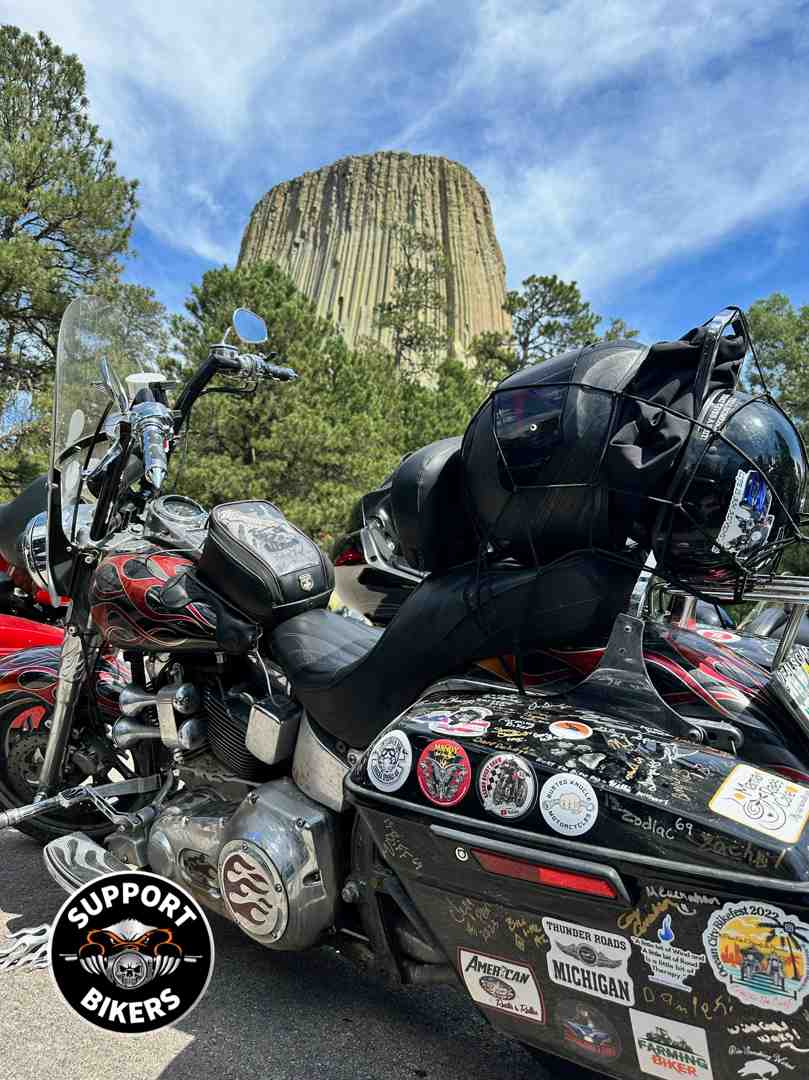 American touring motorcycle parked in front of Devil's Tower South Dakota