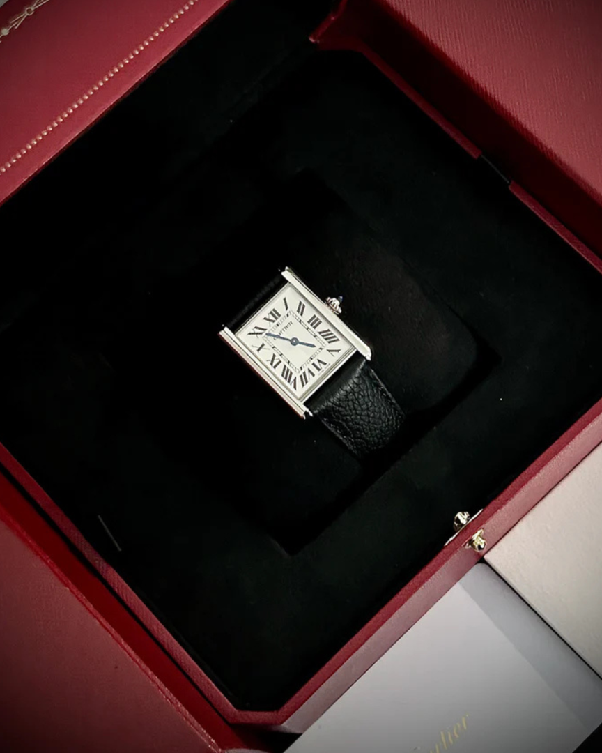 2023 Cartier Tank Must Quartz Large displayed in box.