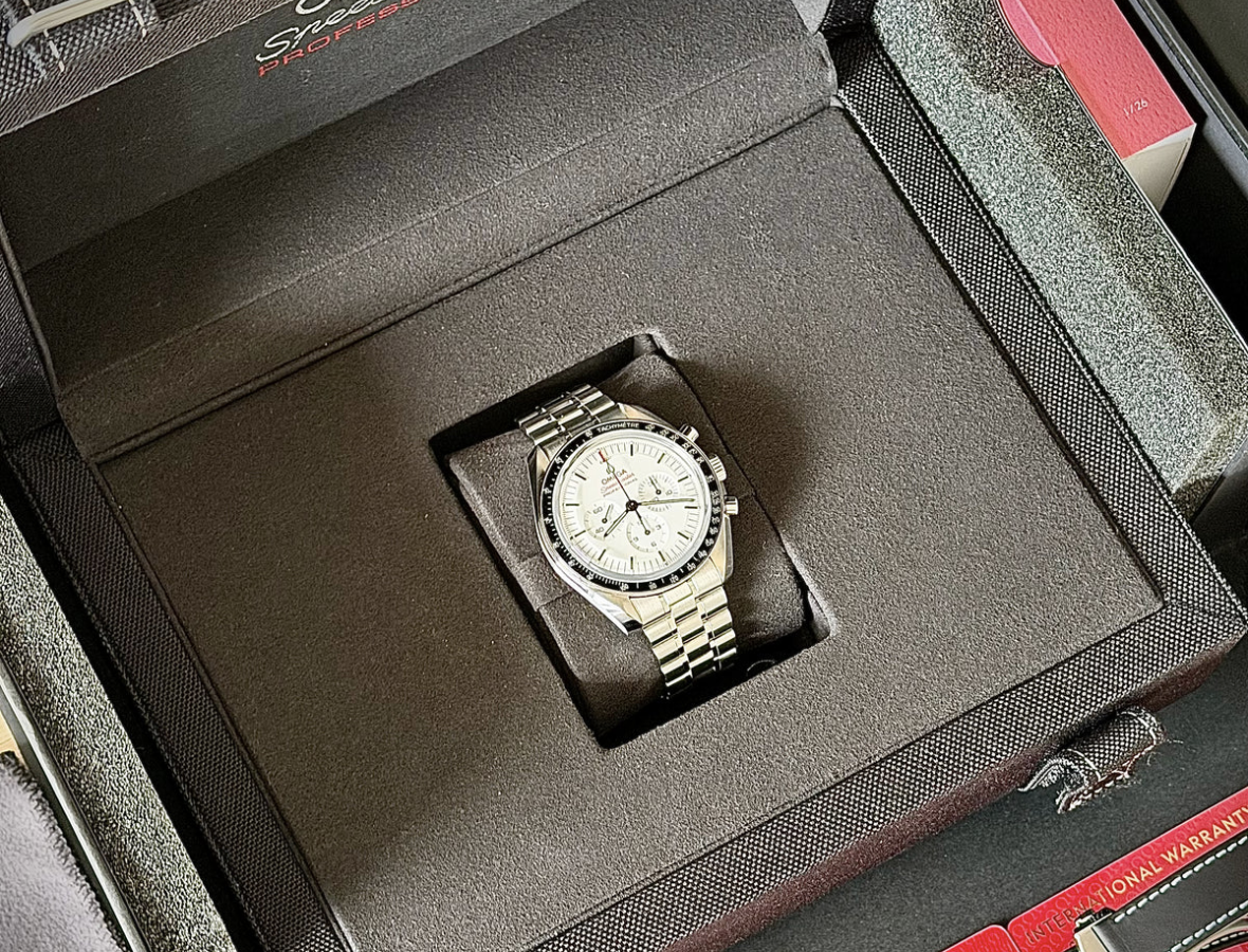 user-inserted Omega Speedmaster White Dial, Box and Papers