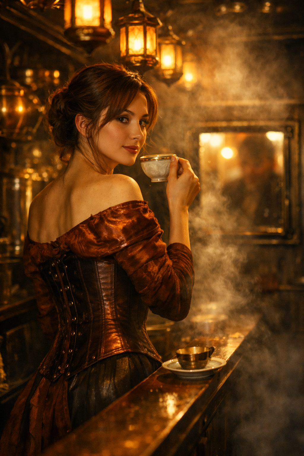 The model stands at the narrow counter, half-turned toward the window as she lifts a teacup with steady grace. The warm lanterns above streak along her corset’s curve, catching the copper and velvet textures of her outfit. Behind her, brass pots shimmer in the background like echoes of light. Steam rises between her and the small frame of the service hatch, forming a dreamlike filter through which her eyes catch the glow of the unknown customer beyond. Her expression softens — a quiet reminder that even within machinery and elegance, there is warmth, human touch, and story.