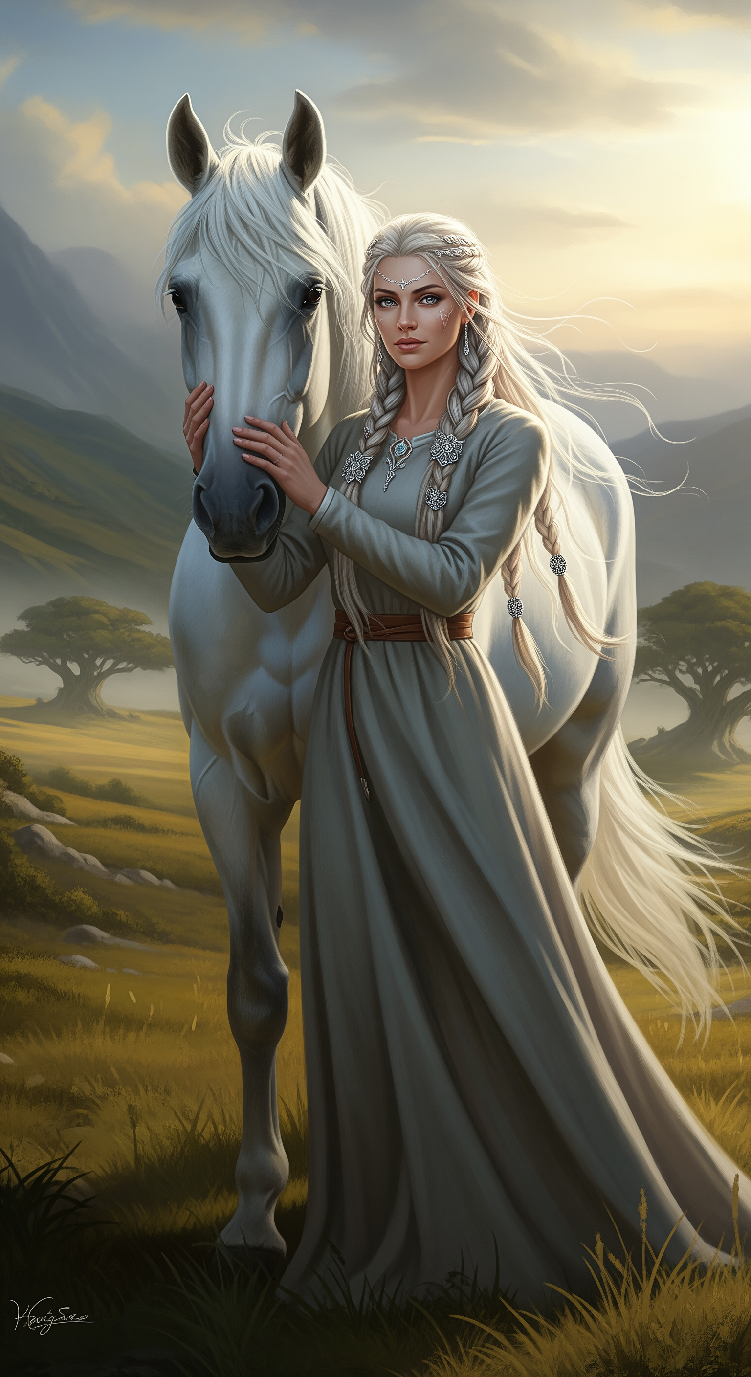 Beside her white horse she stands, a quiet covenant of liberty. Nordic grace etches her features — rare, unyielding, kissed by northern winds. Her smile, a crescent of self-sovereignty, blooms soft against the steed's luminous coat. The horse, noble bearer of untamed spirit, mirrors her calm horizon of choice. In hyper-real whispers of light and sinew, they embody hope's vow: to roam unbound, sovereign souls in harmony, etched eternal in the canvas of being.