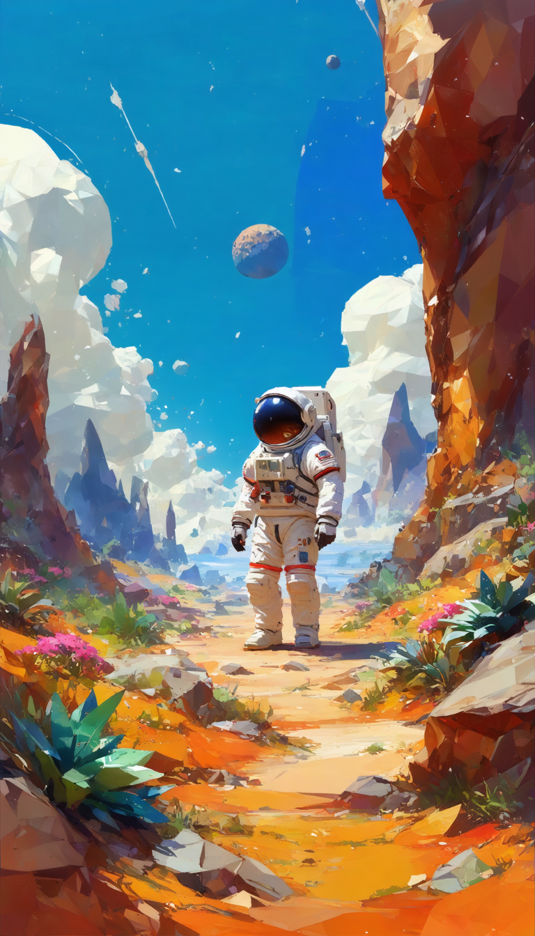 (((close midshot))), (((low poly art:2))), (astronaut), ultra detailed illustration of an environment on a dangerous:1.2 exotic planet with plants and wild (animals:1.5), (vast open world), astroneer inspired, highest quality, no lines, no outlines candid photography. by Lekrot